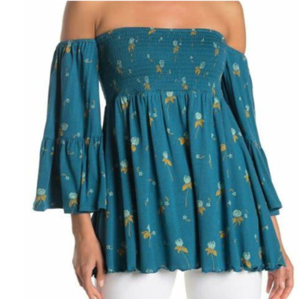 Free People Lana Blue Floral Bell Sleeve Smocked Off the Shoulder Top - Size S